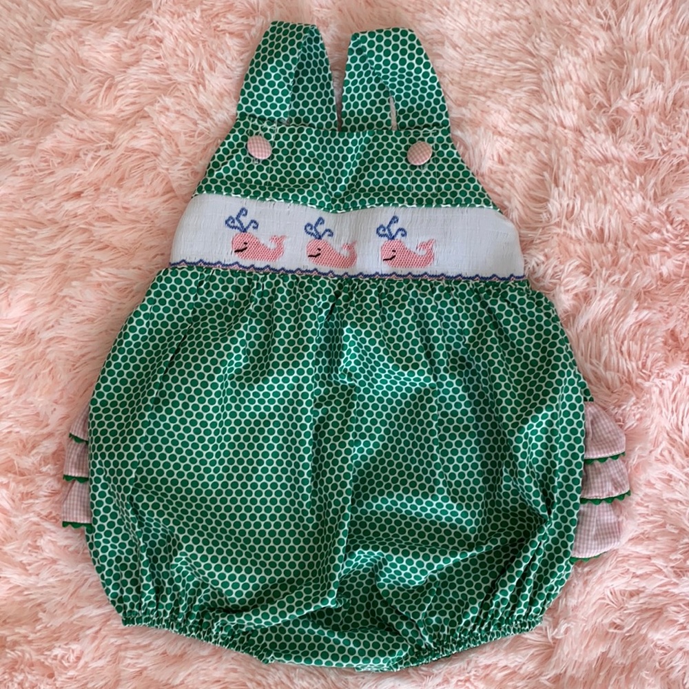 Classic Whimsy Whale Smocked Polka Dot Bubble 3T - EUC